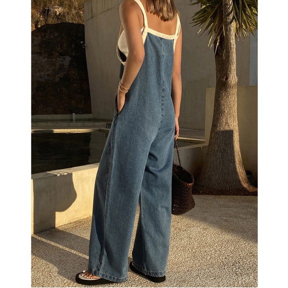 Dark Wash Wide Leg Pockets Denim Jeans Bib Jumpsuit - Picture 5 of 5